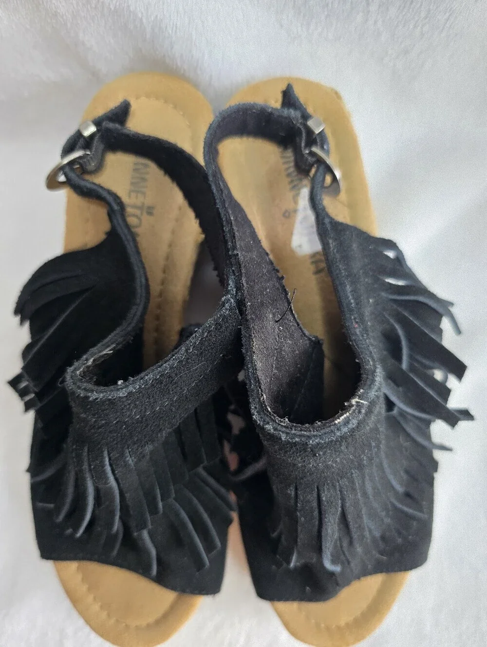 Minnetonka Ashley Fringe Suede Espadrille Wedge Sandals Black Womens Size 6
